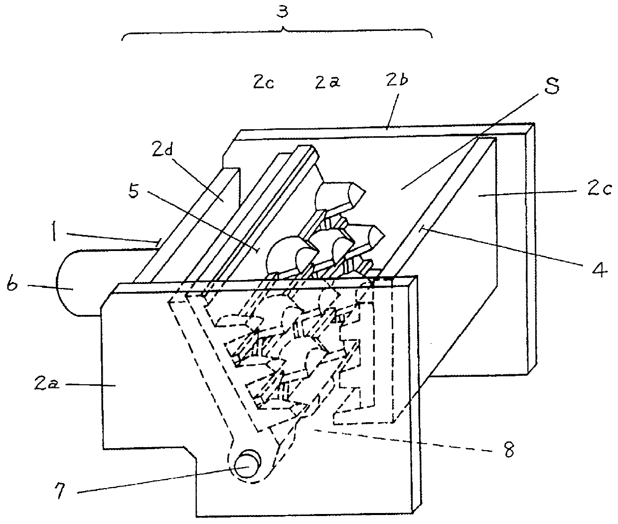 Layout of an apparatus for crushing-breaking useless casting products, a fixed cutter device and a rocking cutter device used for the apparatus, and a method for coating the fixed cutter device and the rocking cutter device