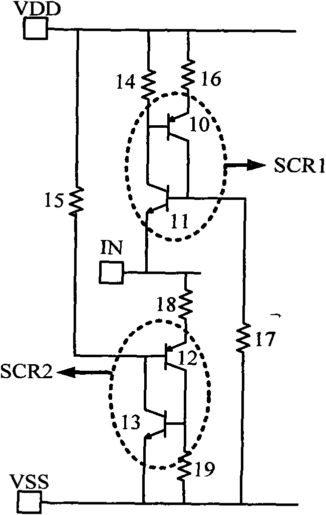 Complementary-type SCR (Silicon Controlled Rectifier) structure triggered by diode string in an auxiliary way
