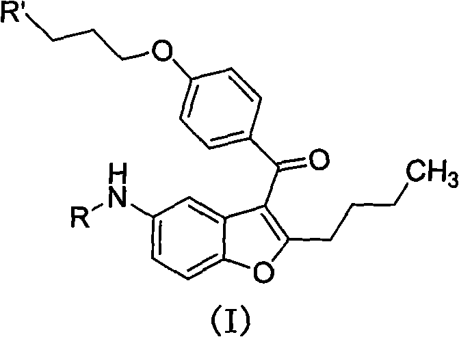 2-n-butyl-3-(4-subsitituted propylbenzoyl)-5-substituted amino benzofuran and application thereof