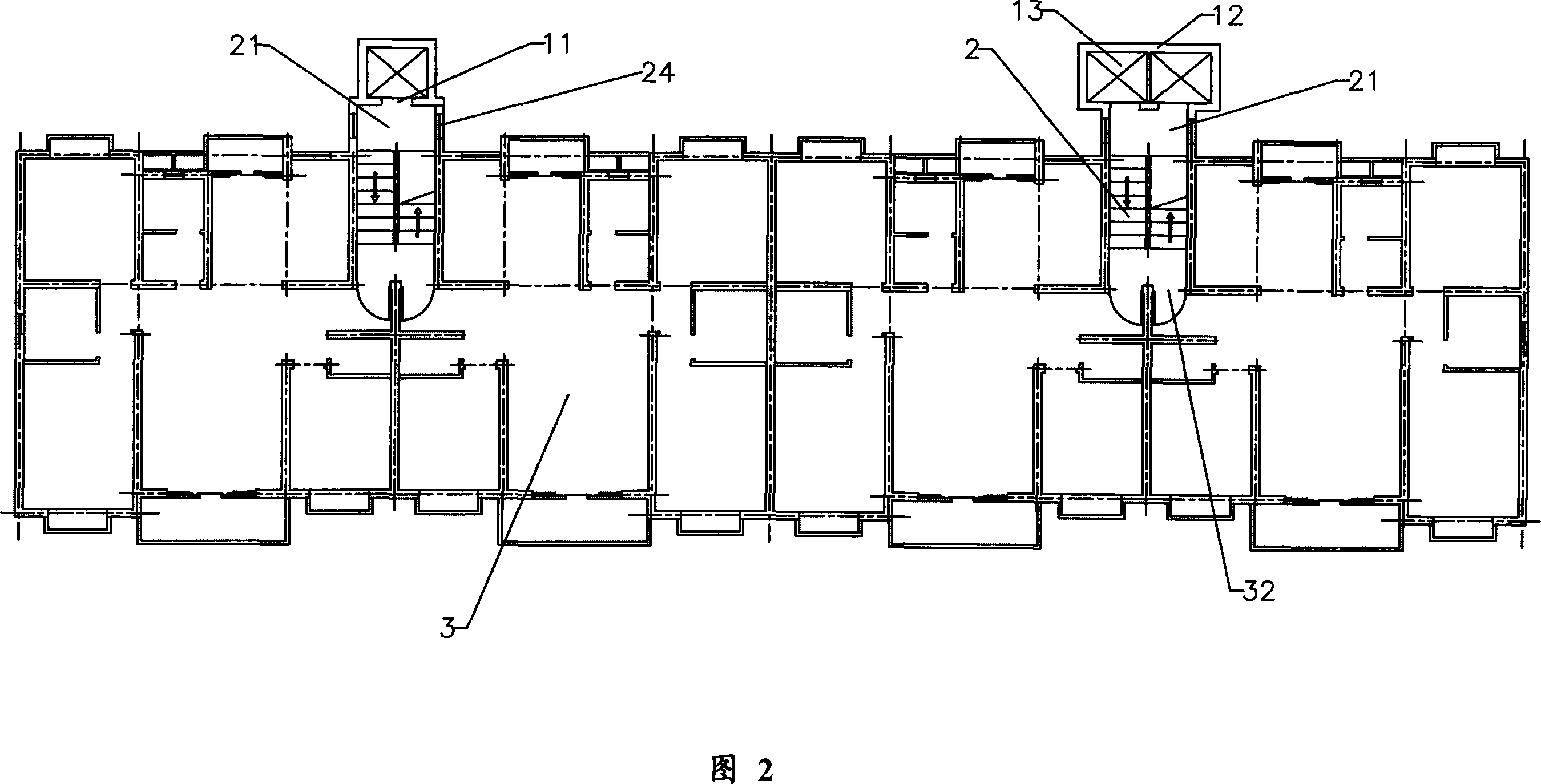 Sharing structure of storied building elevator and stairs