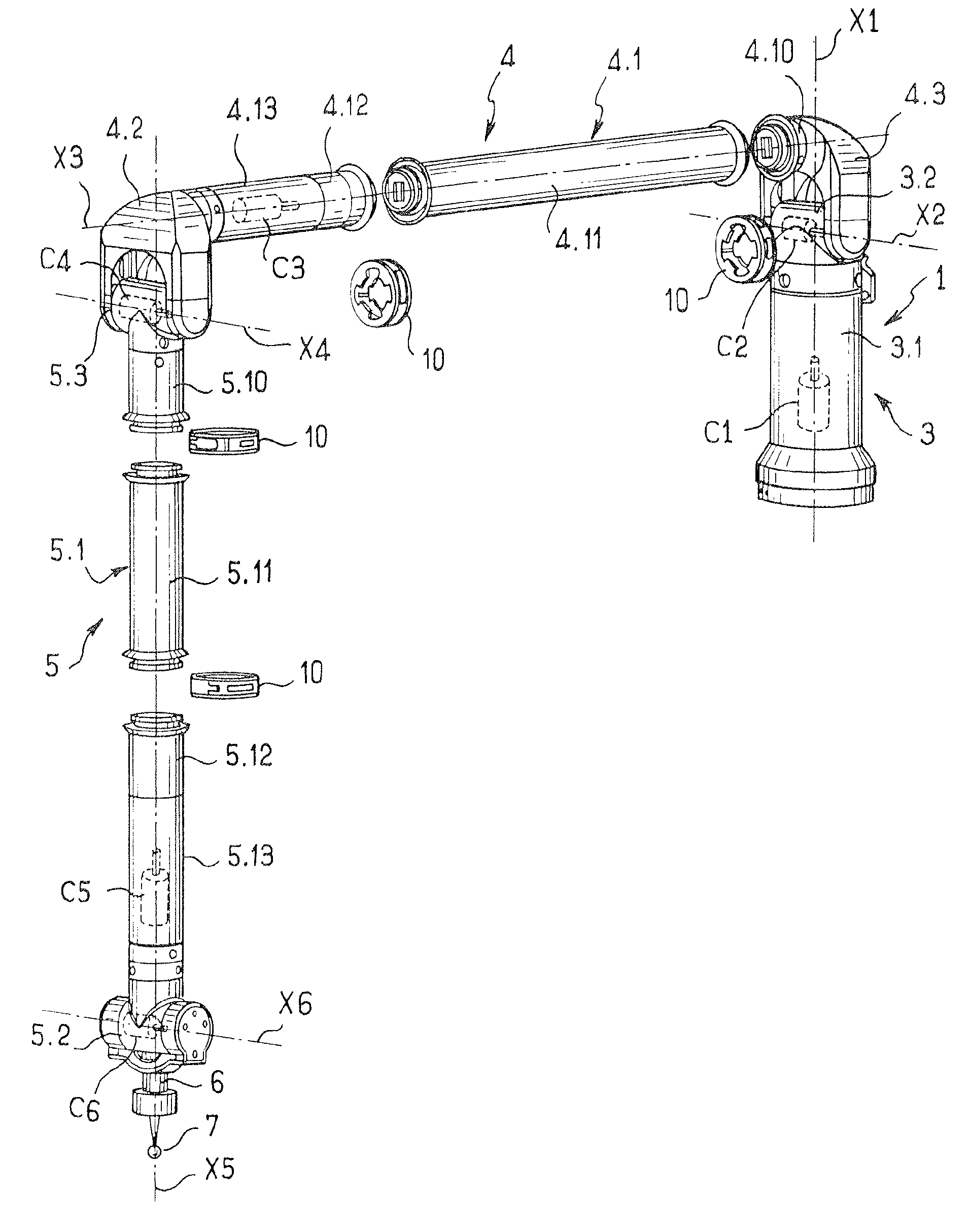 Articulated-arm three-dimensional measurement apparatus having a plurality of articulated axes