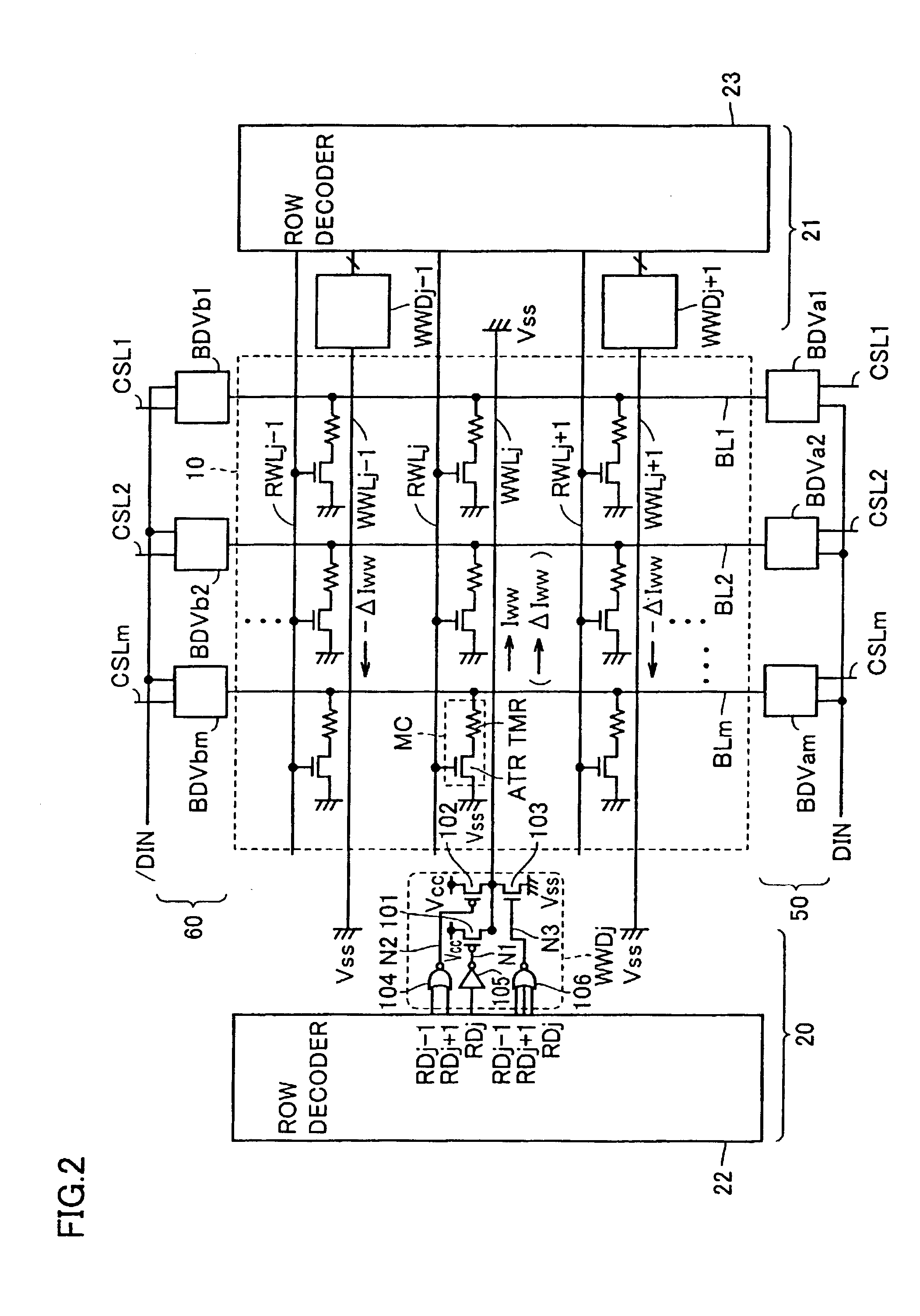 Thin film magnetic memory device applying a magnetic field to write data