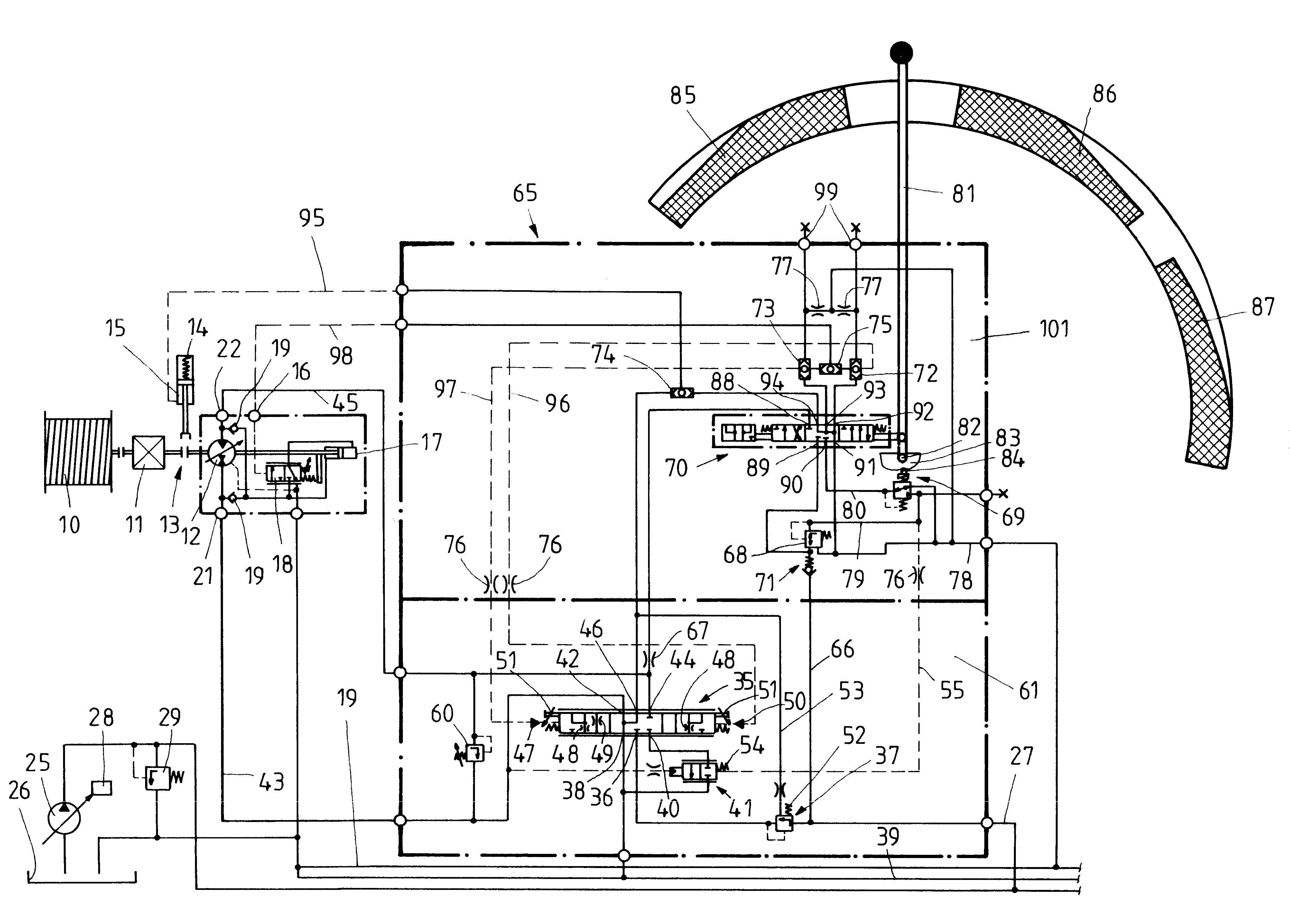 Hydraulic control arrangement for operating a winch with easing, hoisting and mooring modes