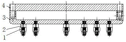 Forming device for drilling multiple holes in glassware bottom through one-time fire