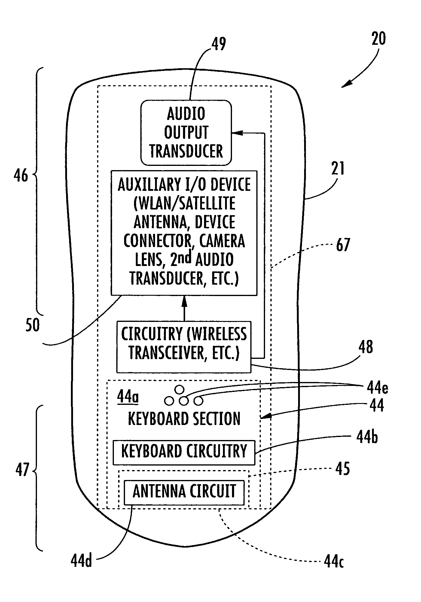 Mobile wireless communications device comprising integrated antenna and keyboard and related methods