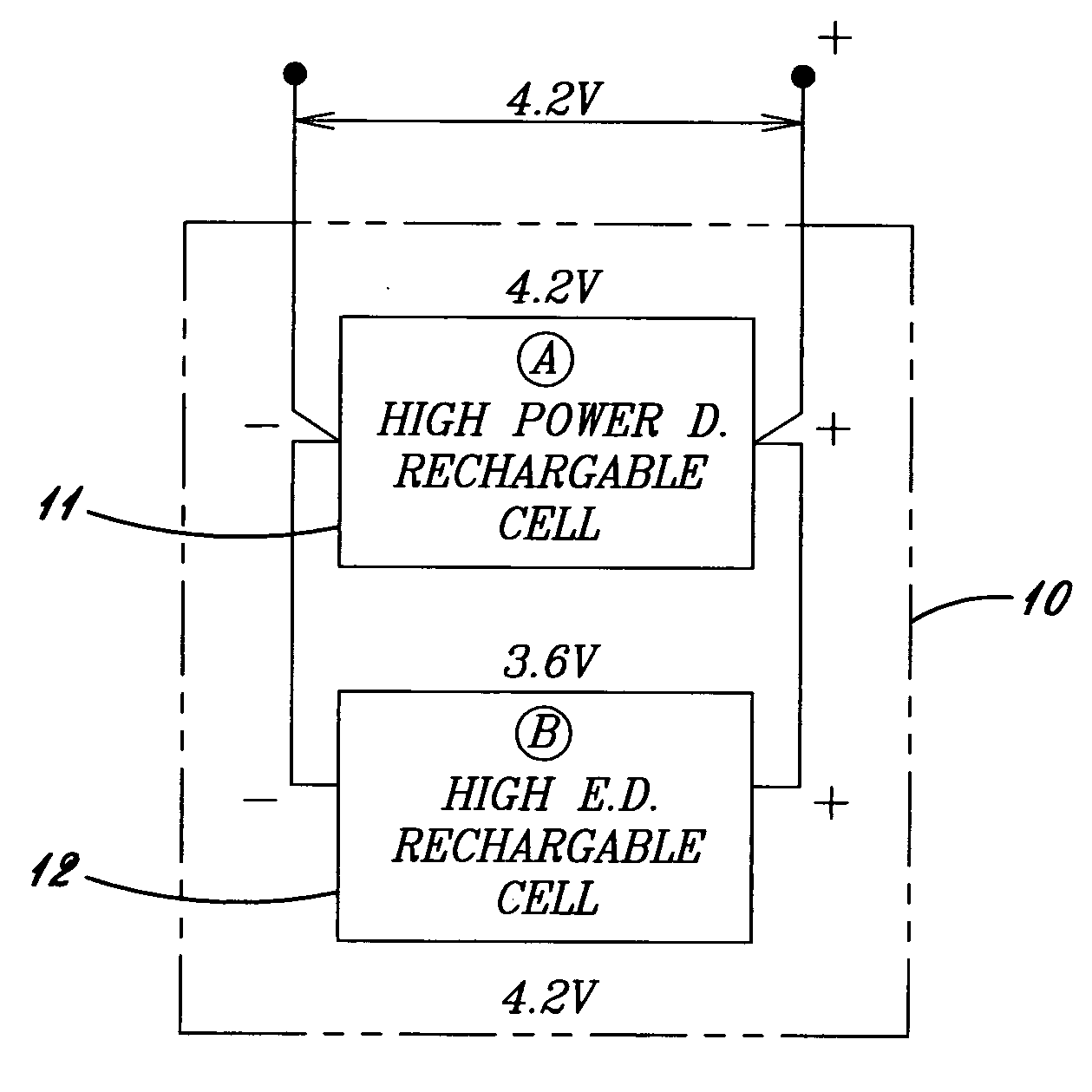 Hybrid rechargeable battery having high power and high energy density lithium cells