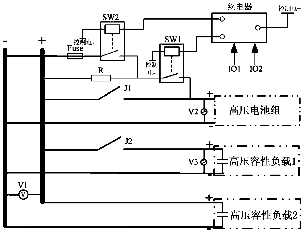 Capacitive load automatic charging and discharging integrated protection circuit of hybrid electric drive armored vehicle