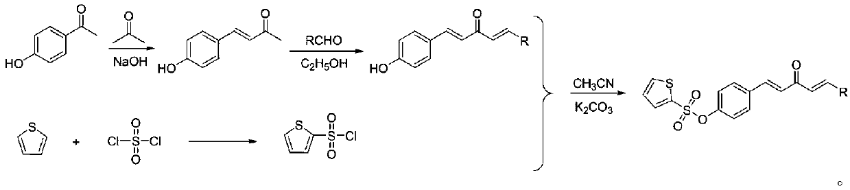 1,4-Pentadiene-3-ketone derivative with thiophene sulphonate and preparation method and application of derivative