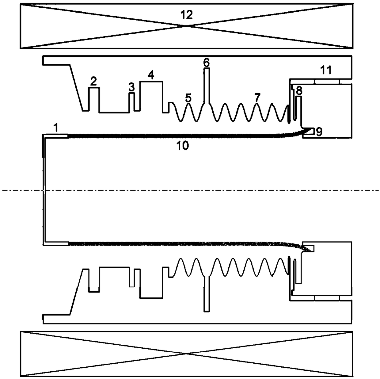 Speed-modulated relativistic backward wave tube which operates in a locally inhomogeneous magnetic field