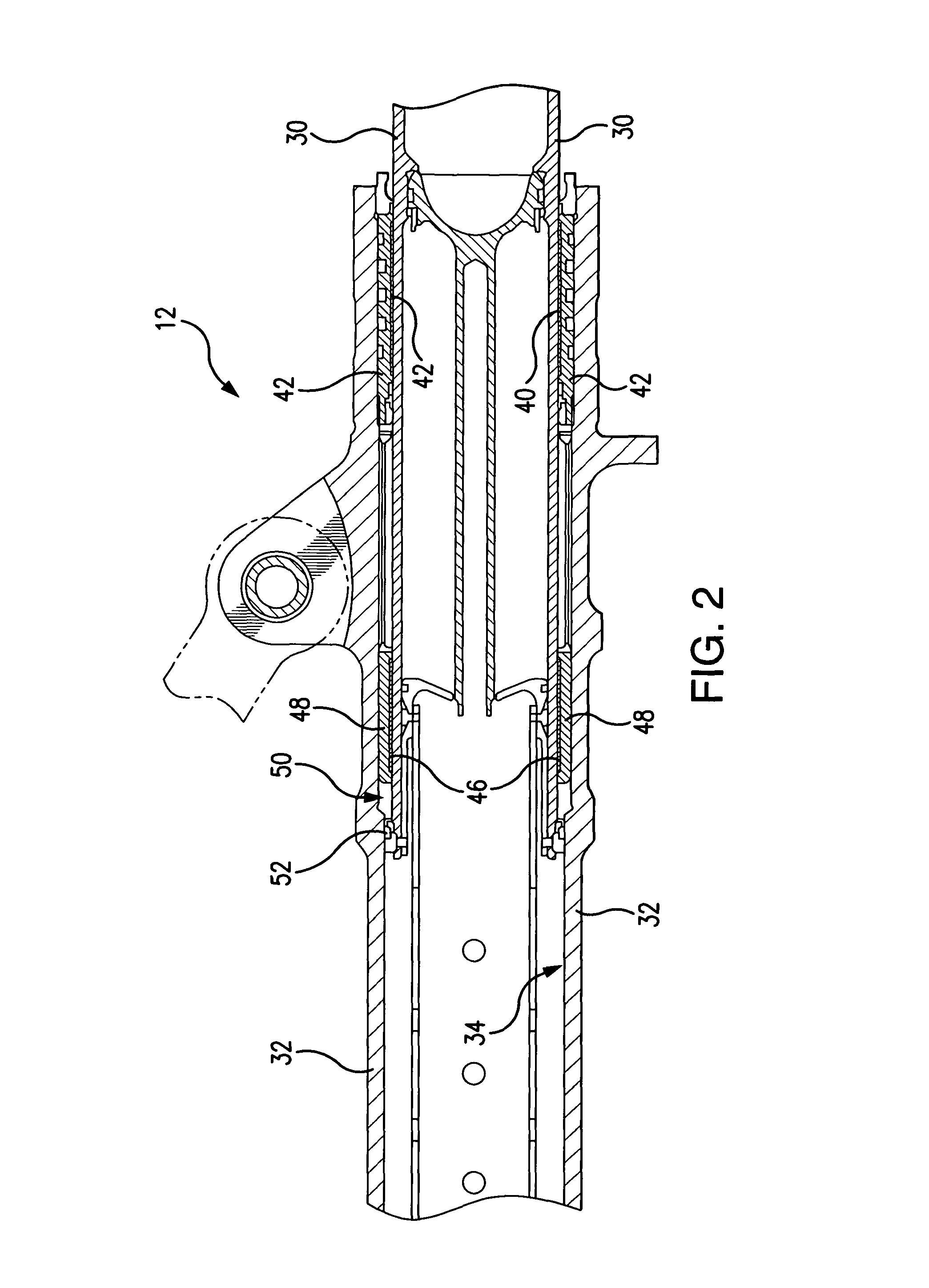 Aircraft shock strut having fixed upper bearing