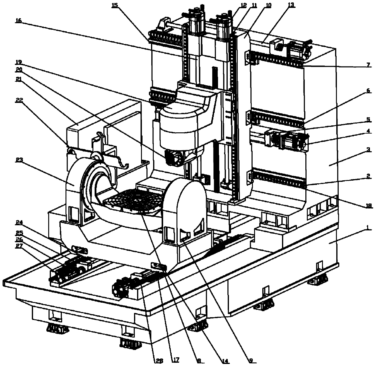 A five-axis compound machining center with horizontal cradle structure