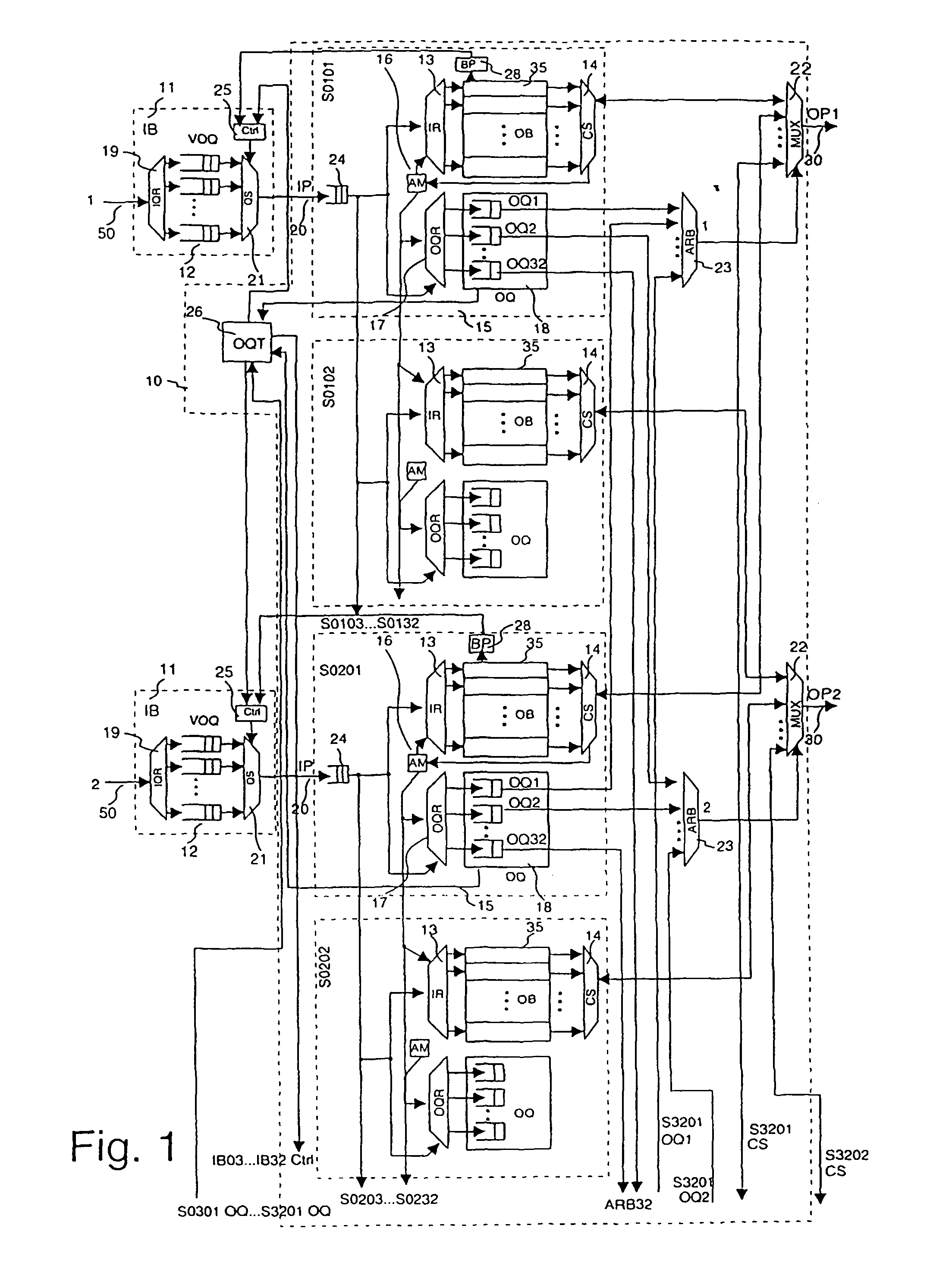 Switching arrangement and method with separated output buffers