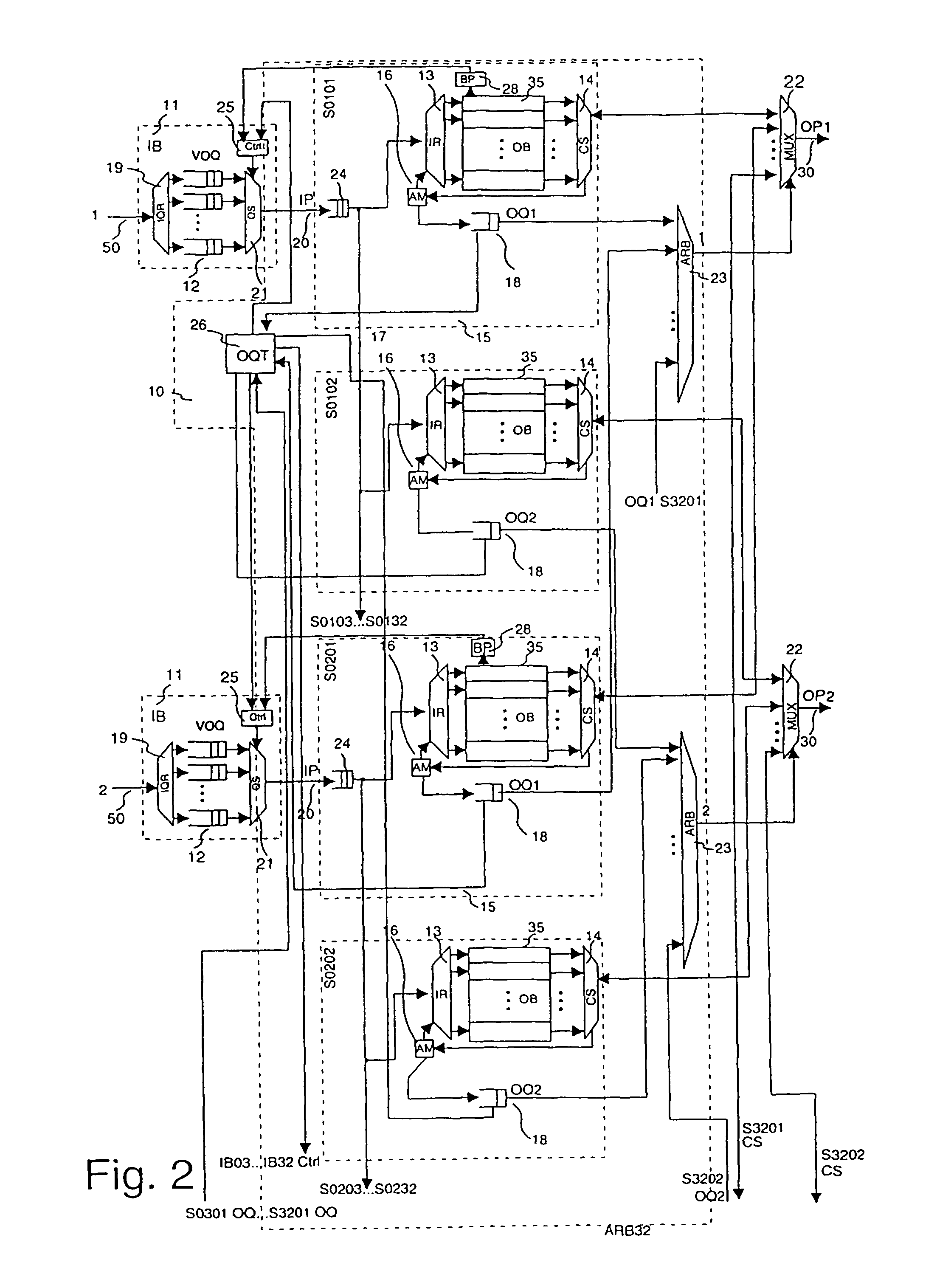 Switching arrangement and method with separated output buffers