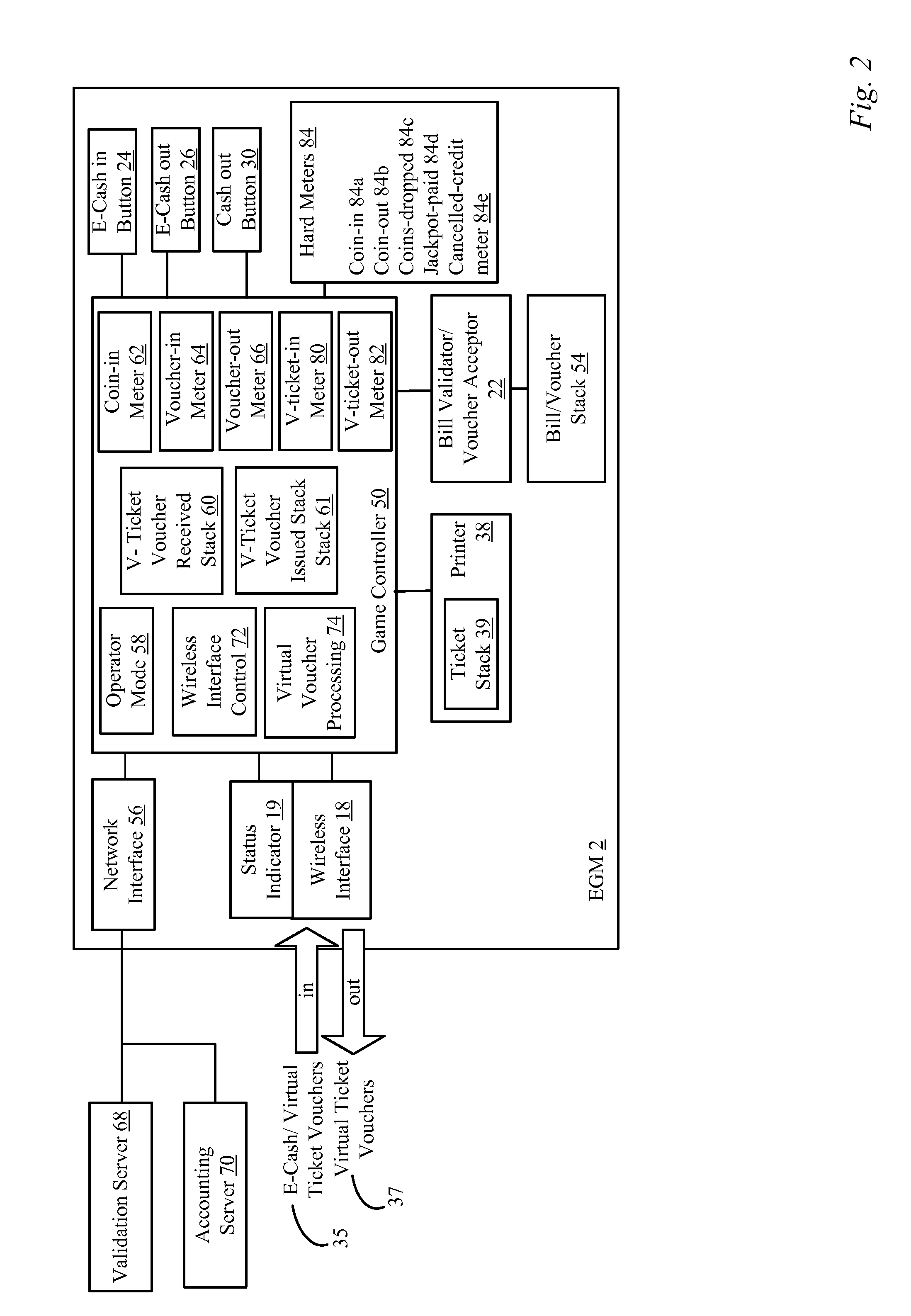 Bill acceptors and printers for providing virtual ticket-in and ticket-out on a gaming machine