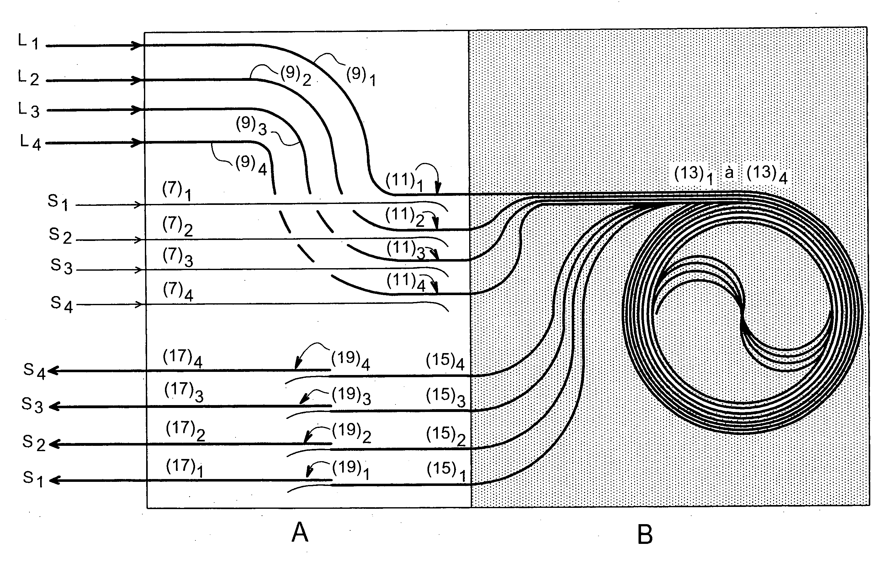 Optical amplification structure with an integrated optical system and amplification housing integrating one such structure