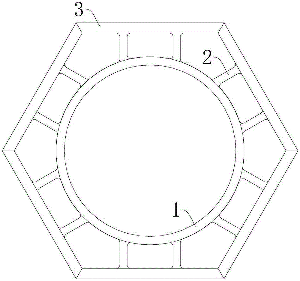 Multi-segment bolt connecting device of plastic mold used for wood and plastic hexagonal pavilion stand columns