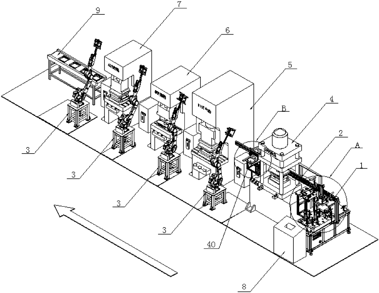 Sheet metal stamping production multi-robot collaborative production line