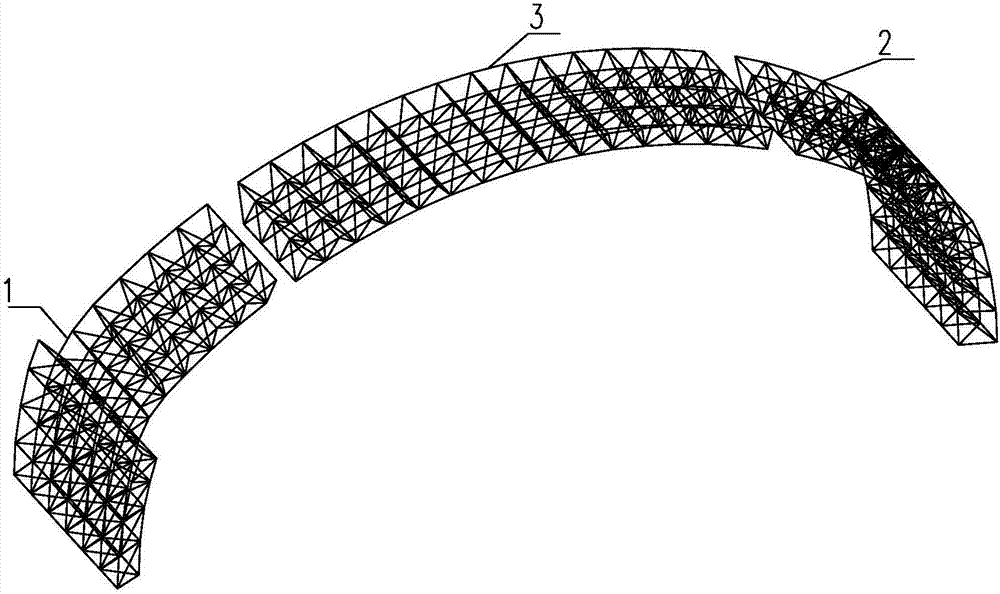 Cylindrical latticed mesh mounting method for erecting keels via symmetric method