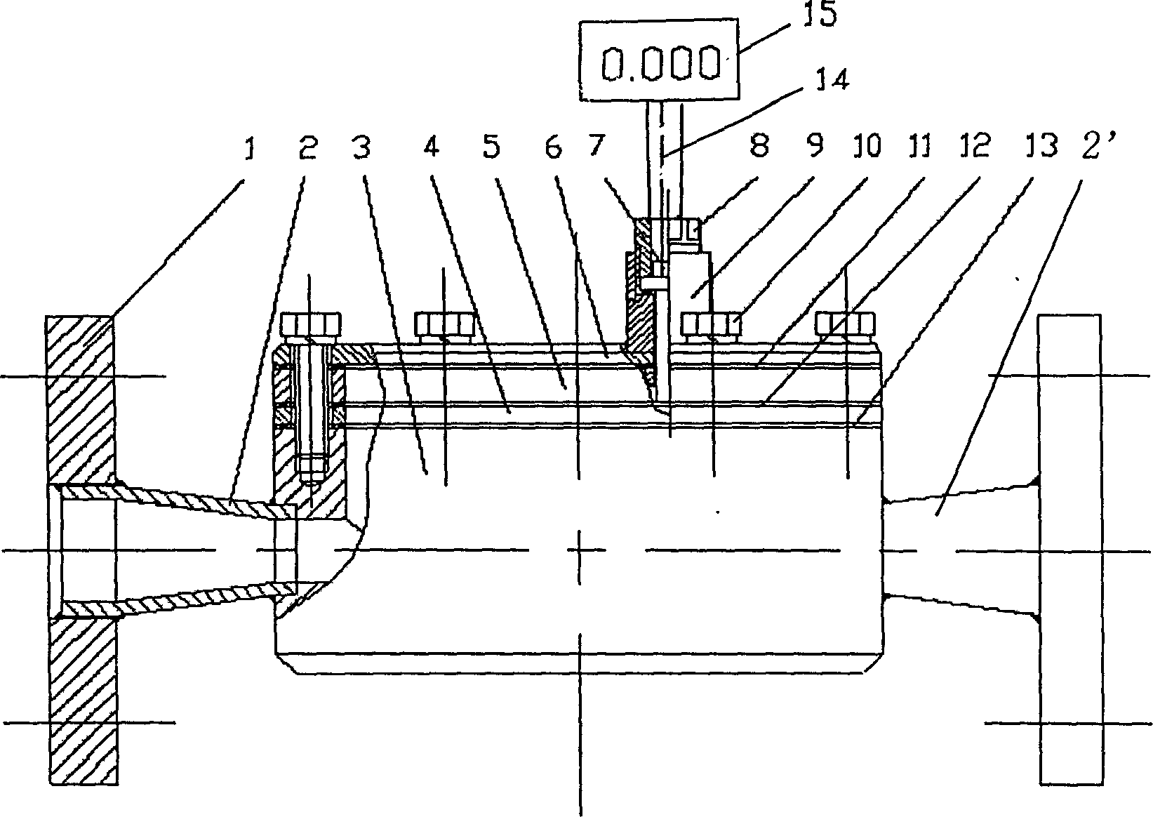 Jet flow meter using vertical drain flow path and double outlet structure