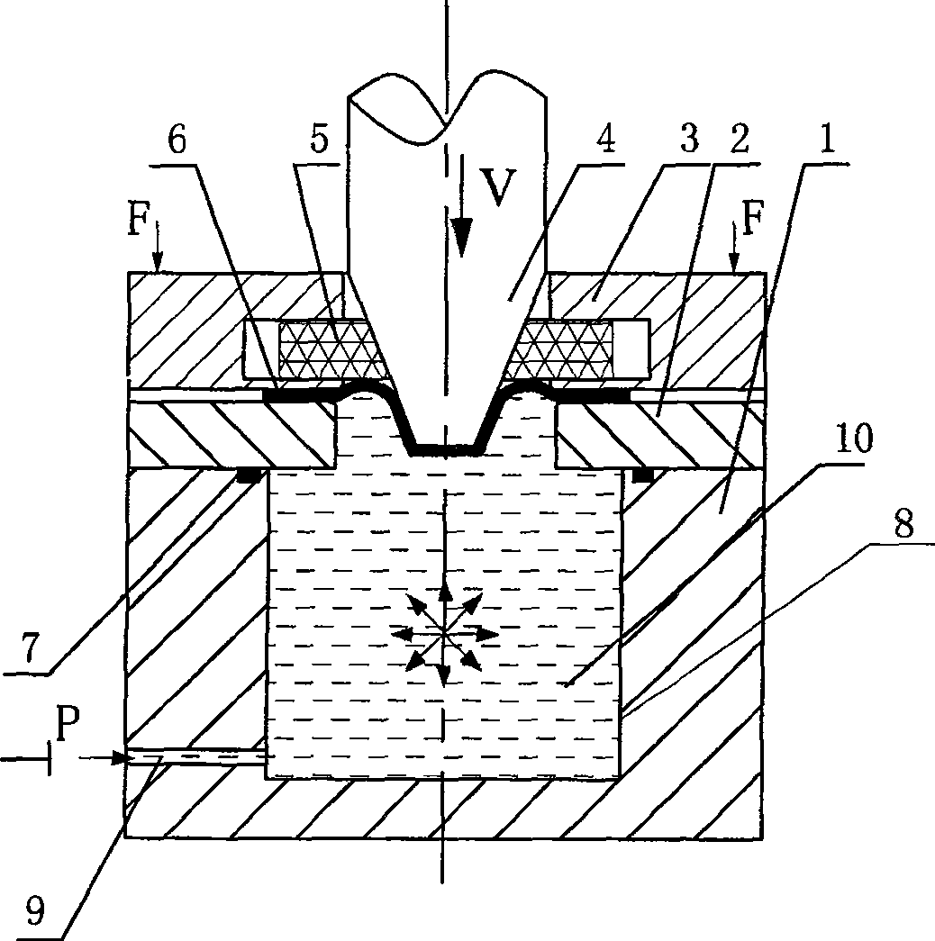 Device for preventing suspension area from breaking while taper piece filling liquid and drawing deep forming and forming method