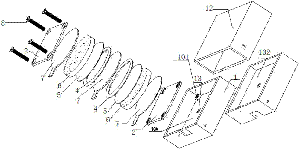 Integrated box-packaged FD metal oxide varistors (FDMOV) composite assembly with air discharging structure