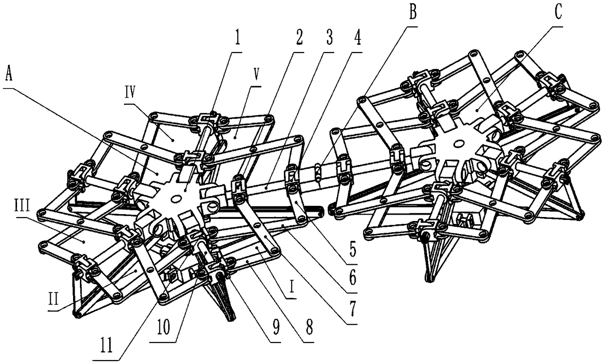 A large-space deployable mechanism base on a rigid hinge connection of a shear folding unit
