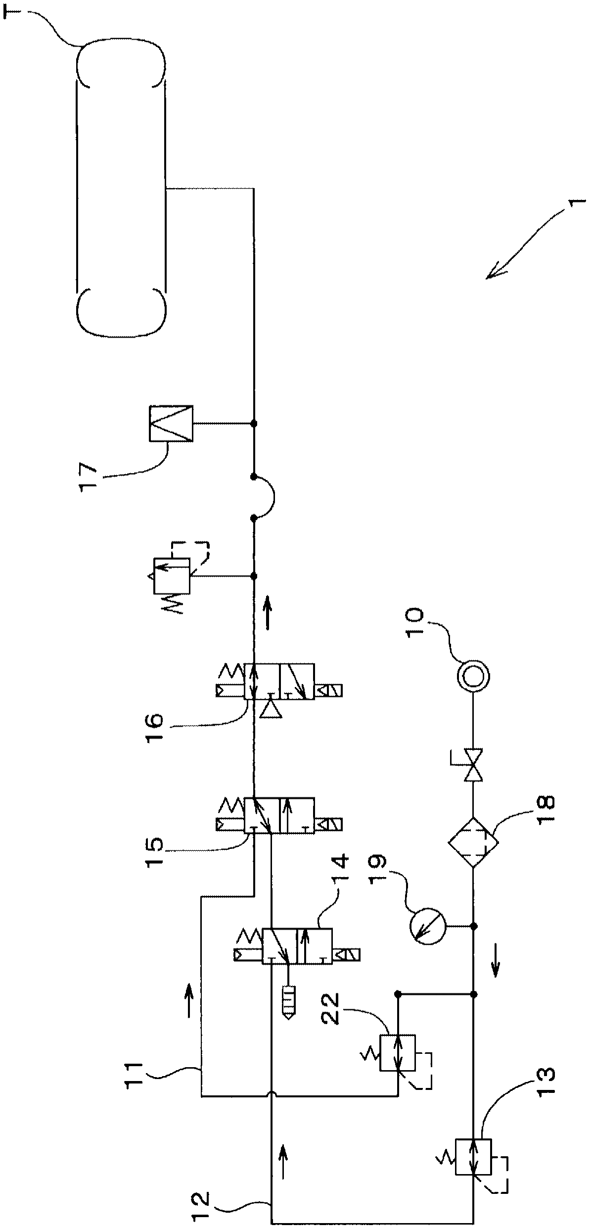 Air pressure circuit of tire testing device, tire testing device, and tire testing method