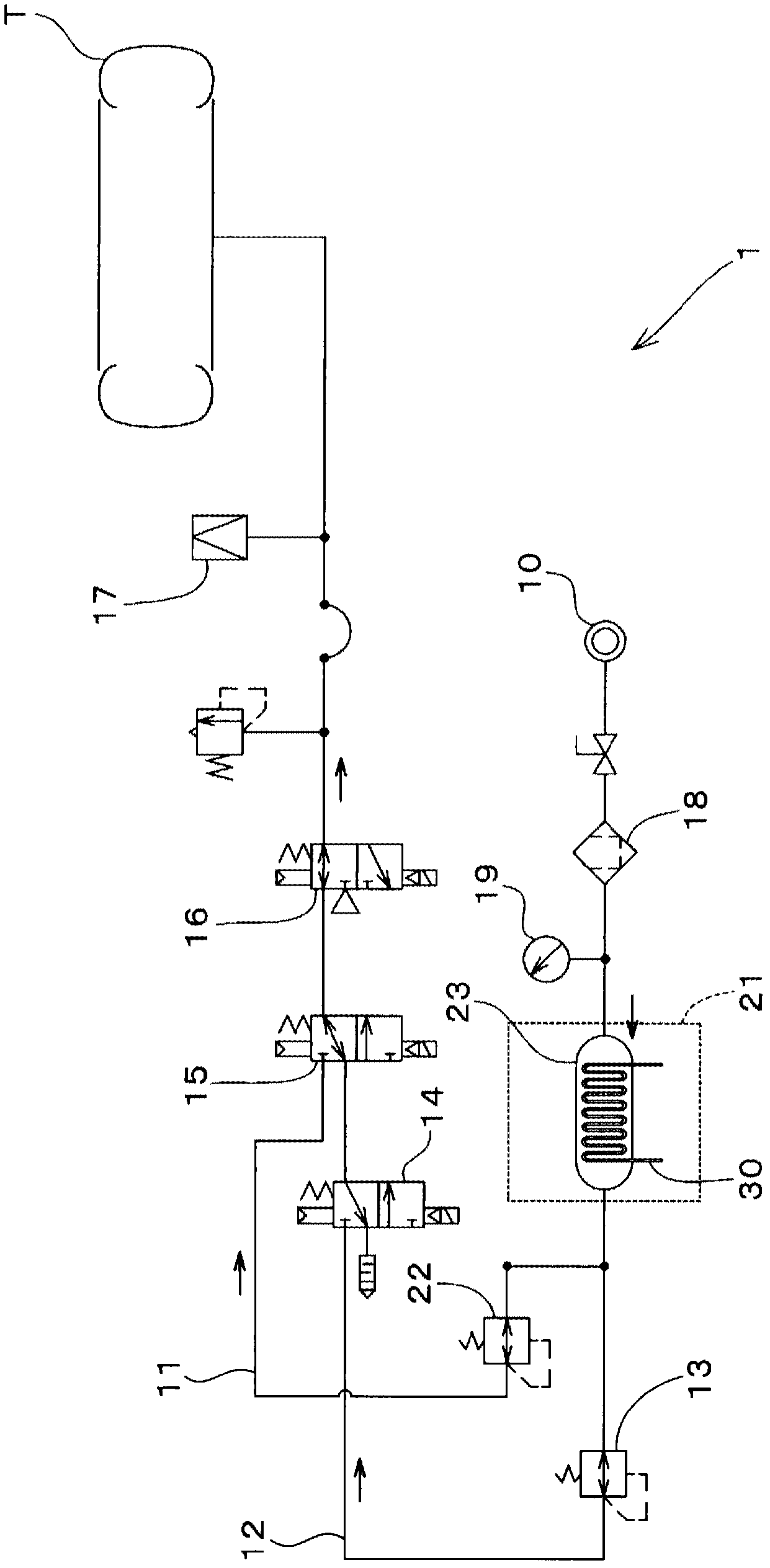 Air pressure circuit of tire testing device, tire testing device, and tire testing method