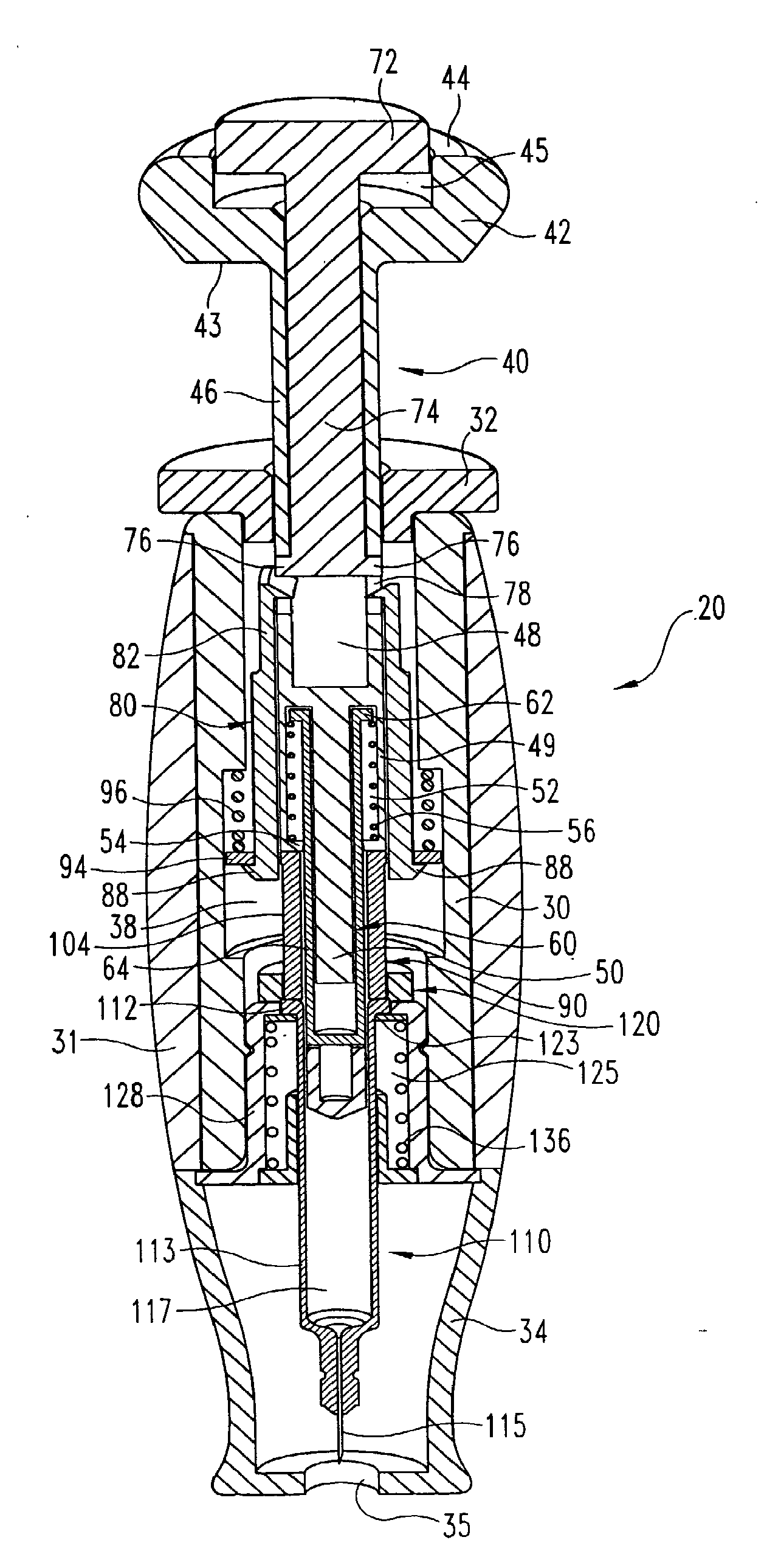 Needled pharmaceutical delivery device with triggered automatic needle insertion and manually controlled pharmaceutical injection
