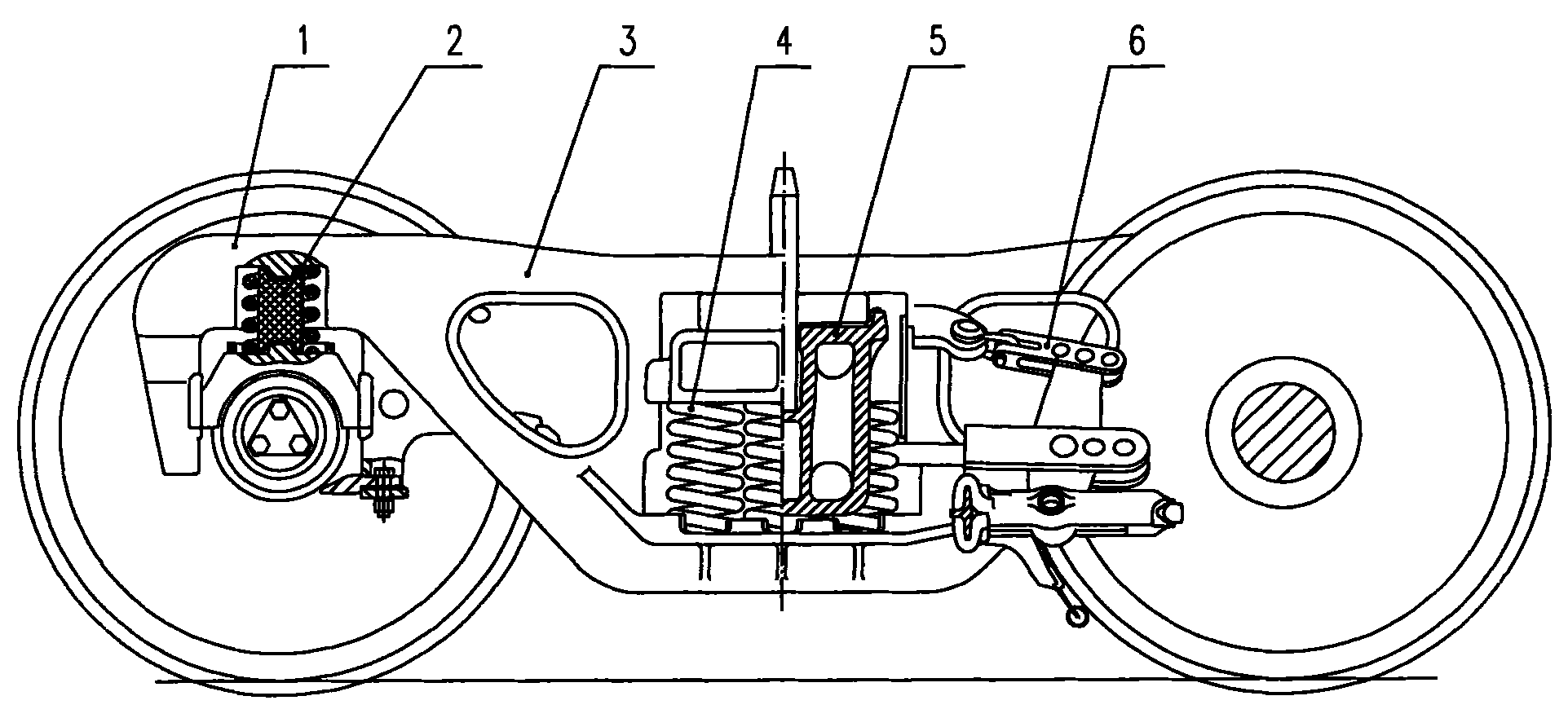 Bogie for goods train with large axle load and low dynamic action