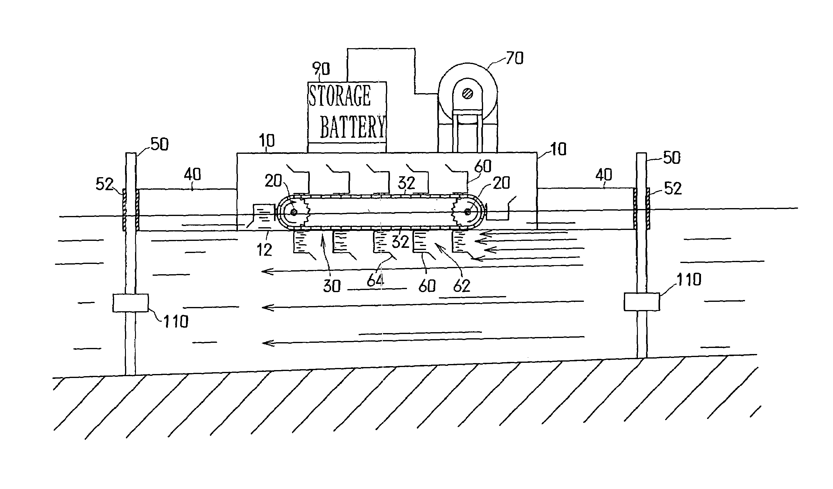 Power generation device utilizing river flow or seawater