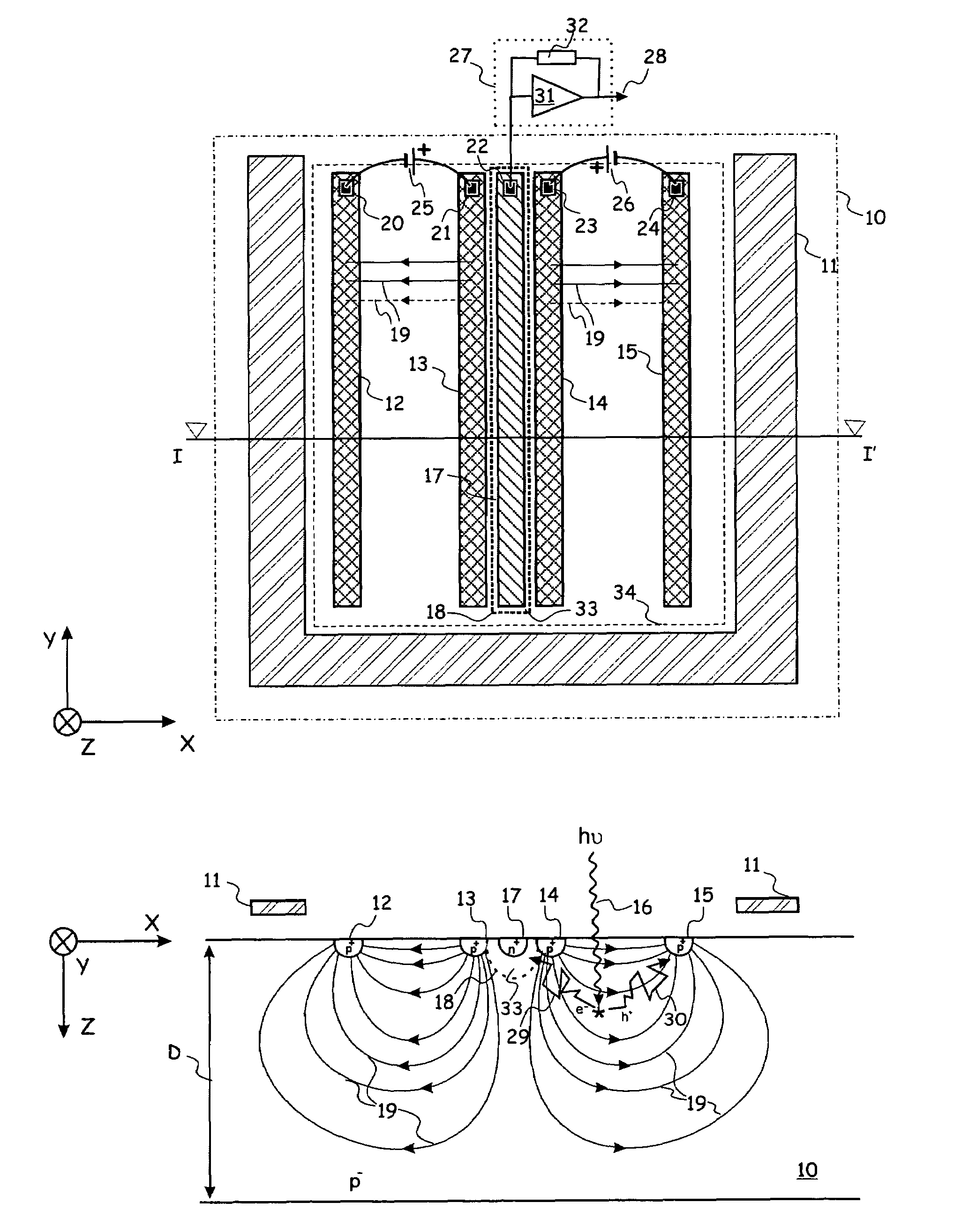 Detector for electromagnetic radiation assisted by majority current