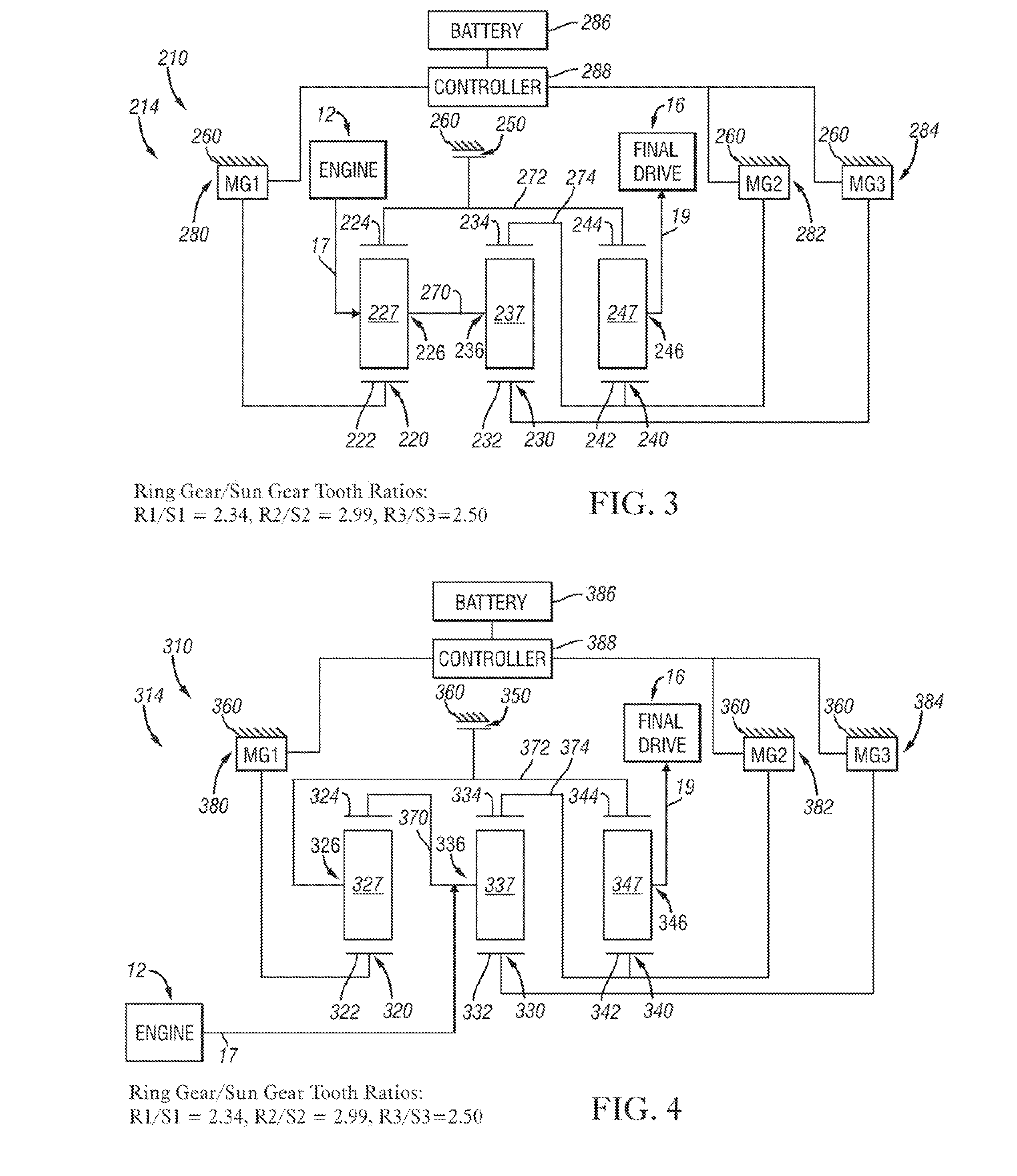 Hybrid architecture incorporating three interconnected gear sets and brakes