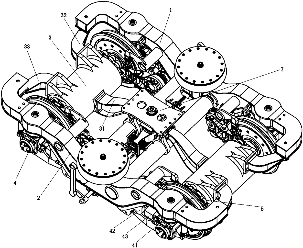 A double-t-shaped frame elastically articulated flexible frame suspension direct drive radial bogie