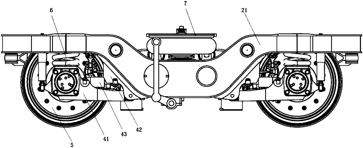 A double-t-shaped frame elastically articulated flexible frame suspension direct drive radial bogie