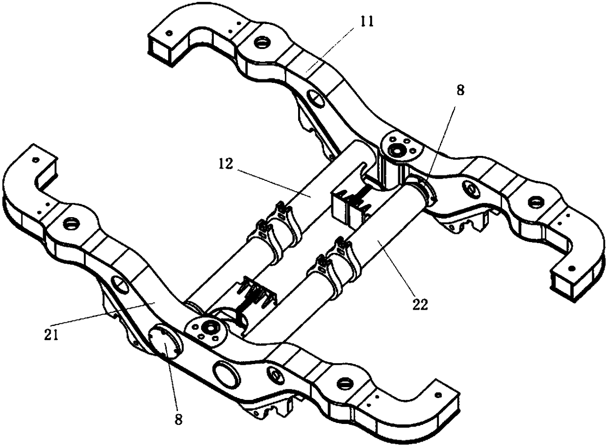 A double-t-shaped frame elastically articulated flexible frame suspension direct drive radial bogie