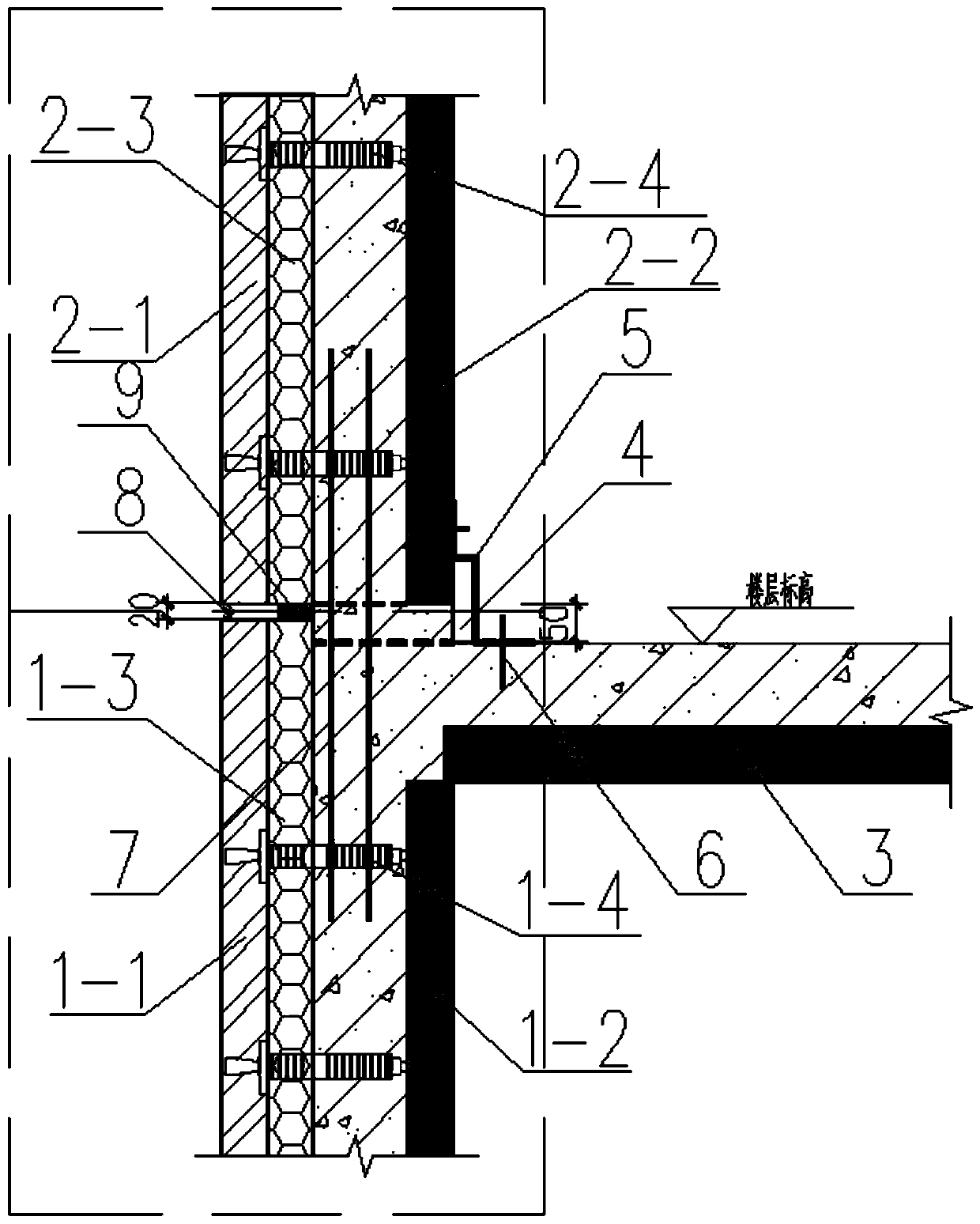 Construction structure for horizontal spliced seams of vertical joints of sandwich thermal insulation wall