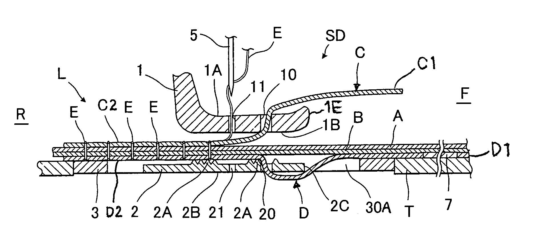 Sewing device for sewing sealing material with base materials