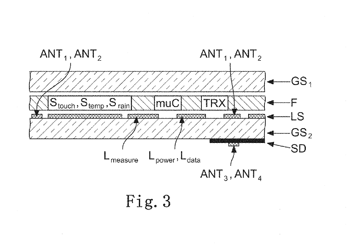 Laminated glass pane having a sensor assembly, transmission system, and method for producing a laminated glass pane having a sensor assembly