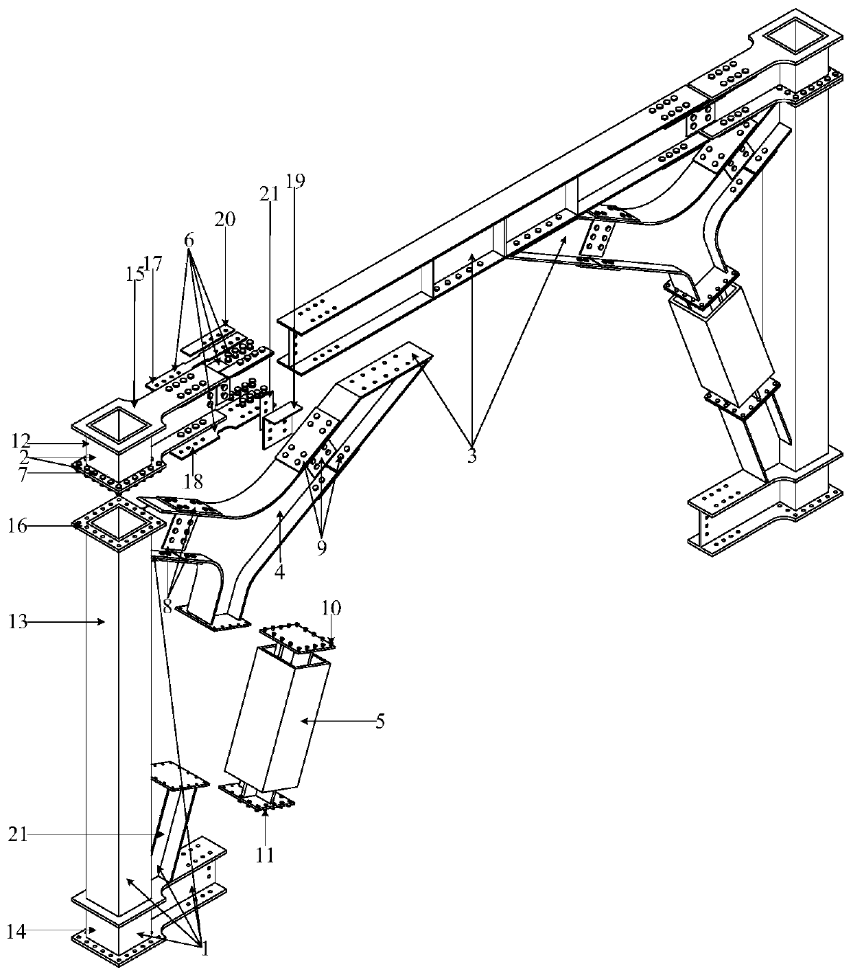 Large-headroom flanged storable-function steel-framed centrally braced system