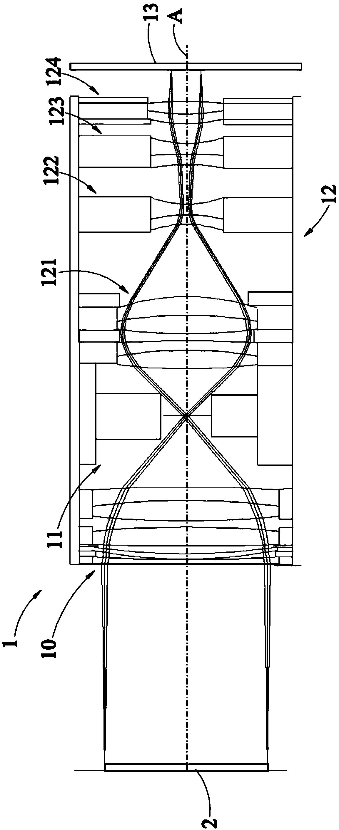Double-telecentric optical detection device with variable multiplying power