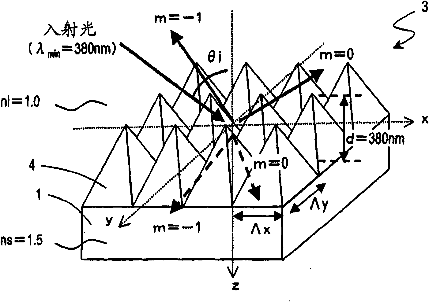 Antireflective member, optical element, display device, method of making stamper and method of making antireflective member using the stamper