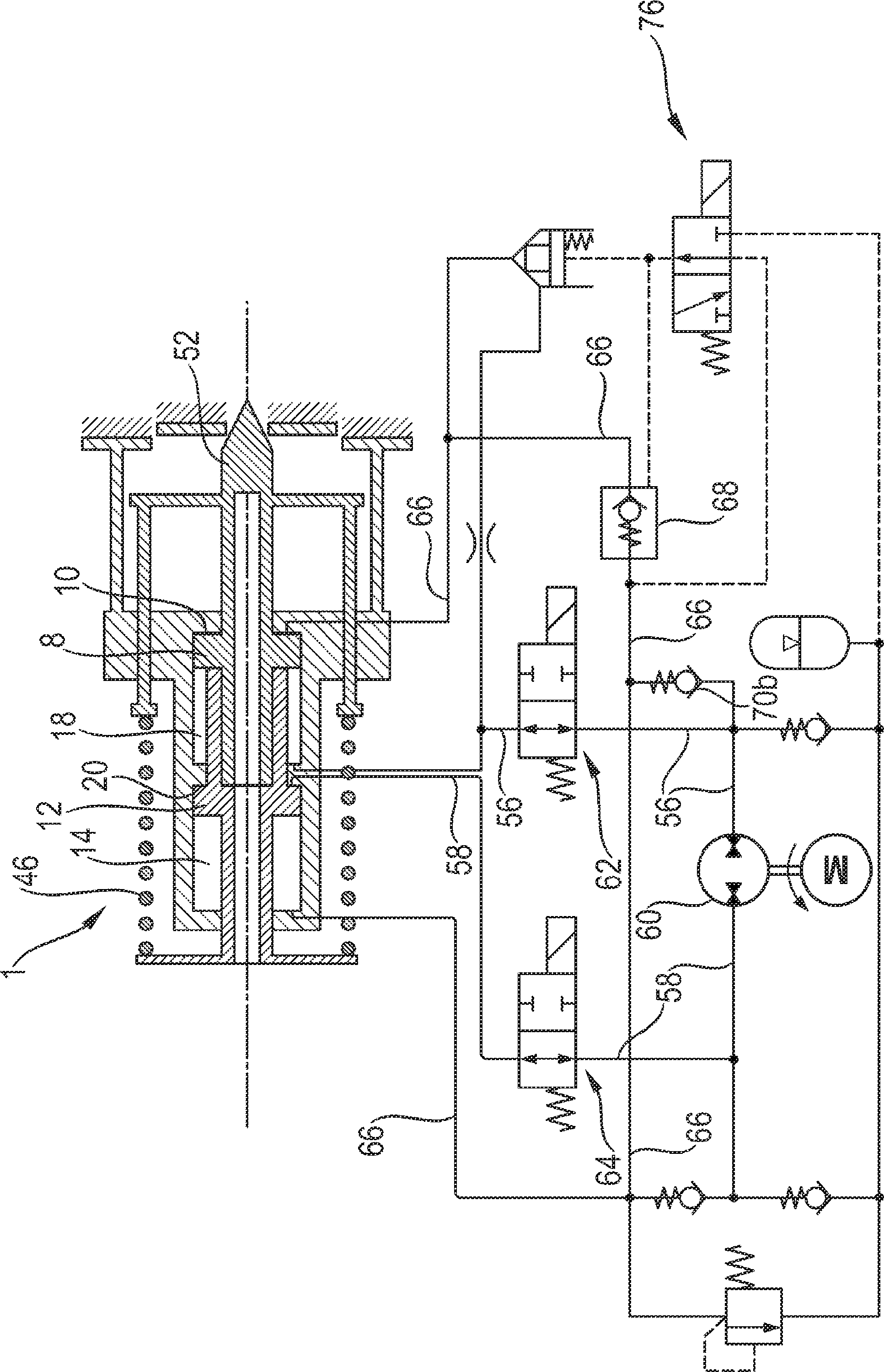 Four-chamber cylinder for a hydraulic actuating device with emergency function and hydraulic actuating device employing same