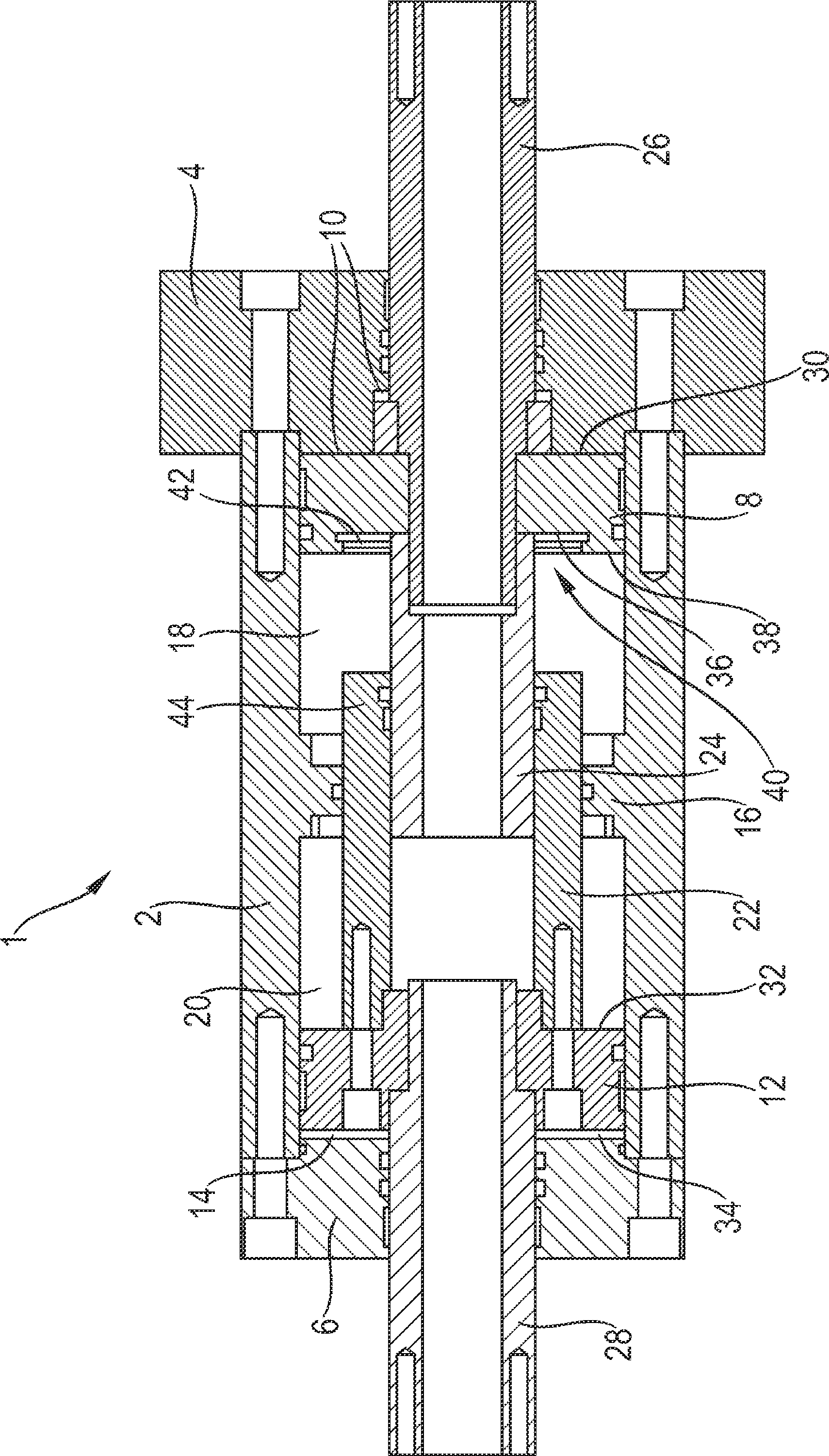 Four-chamber cylinder for a hydraulic actuating device with emergency function and hydraulic actuating device employing same