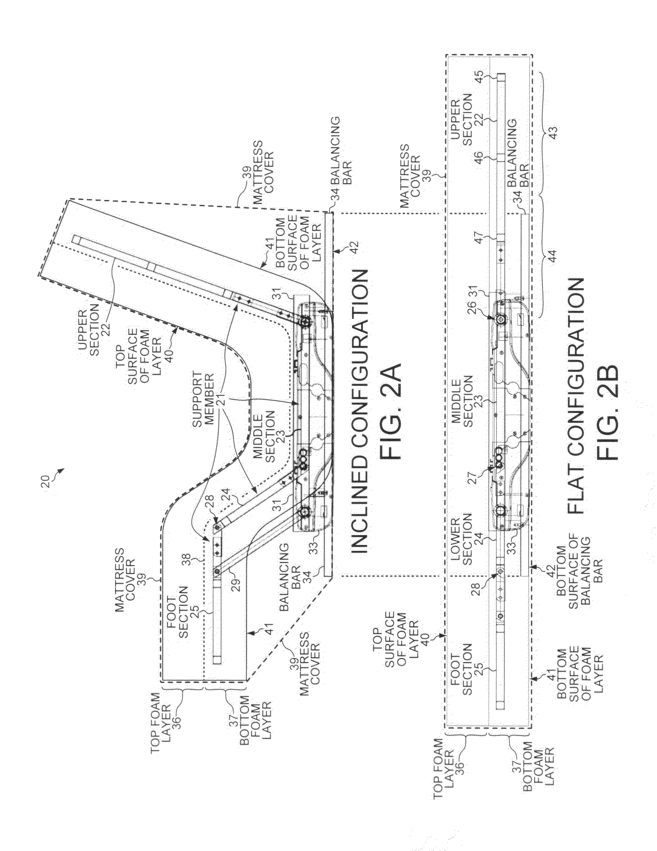 Self-adjusting mattress with balancing bars and an integrated movement mechanism