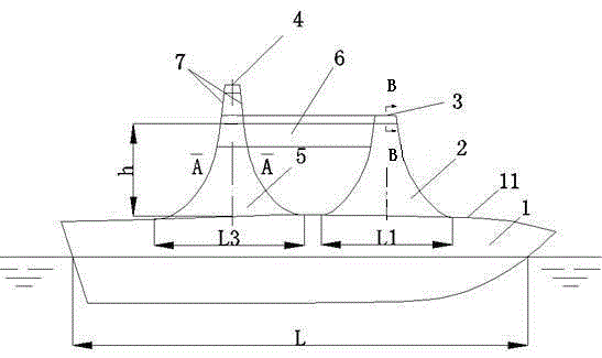 Left-right symmetrical four-column support superstructure of surface unmanned boat