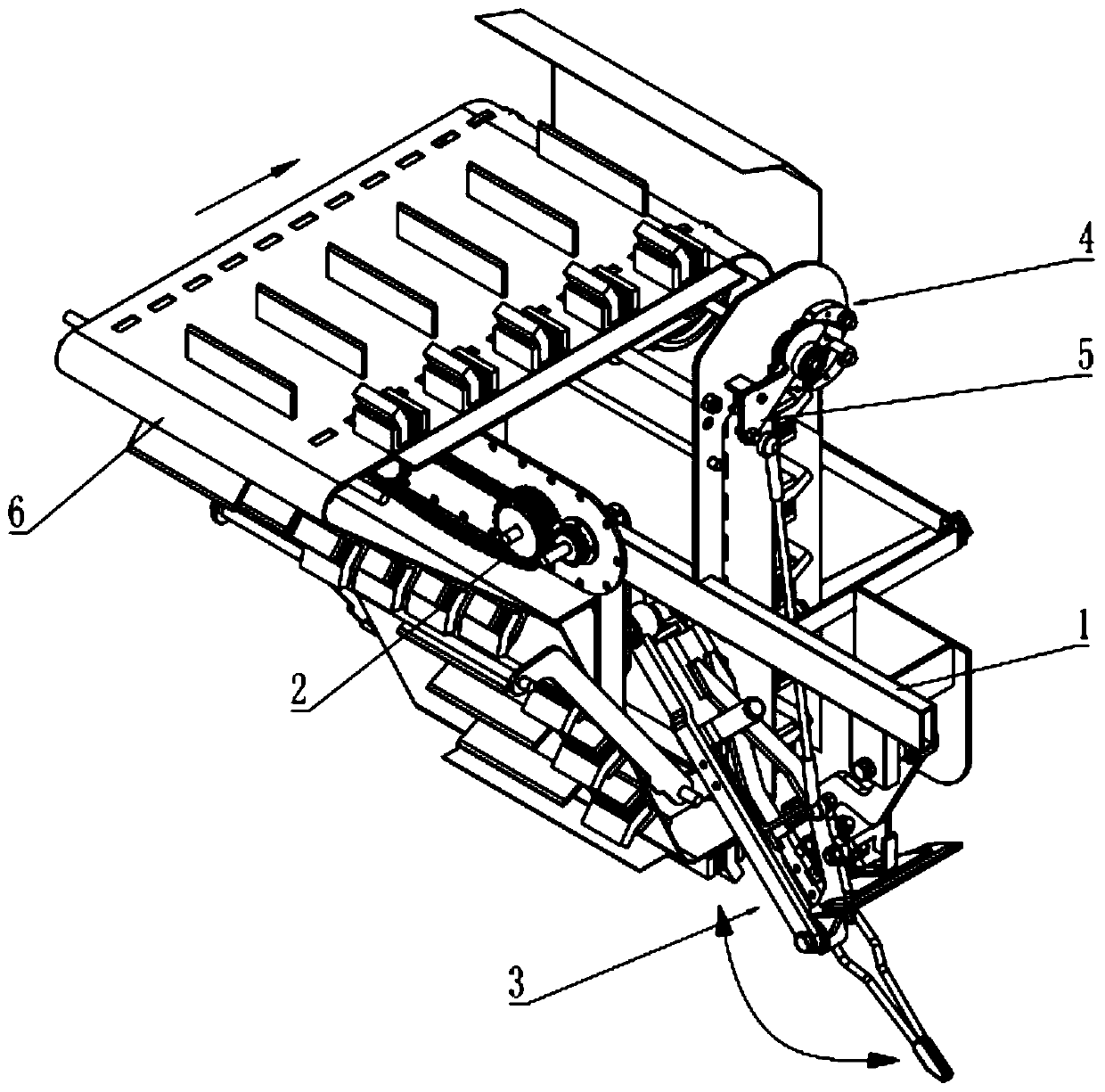 Conveyor belt-clamping type on-membrane inclined planting device for rhizome big seedling crops
