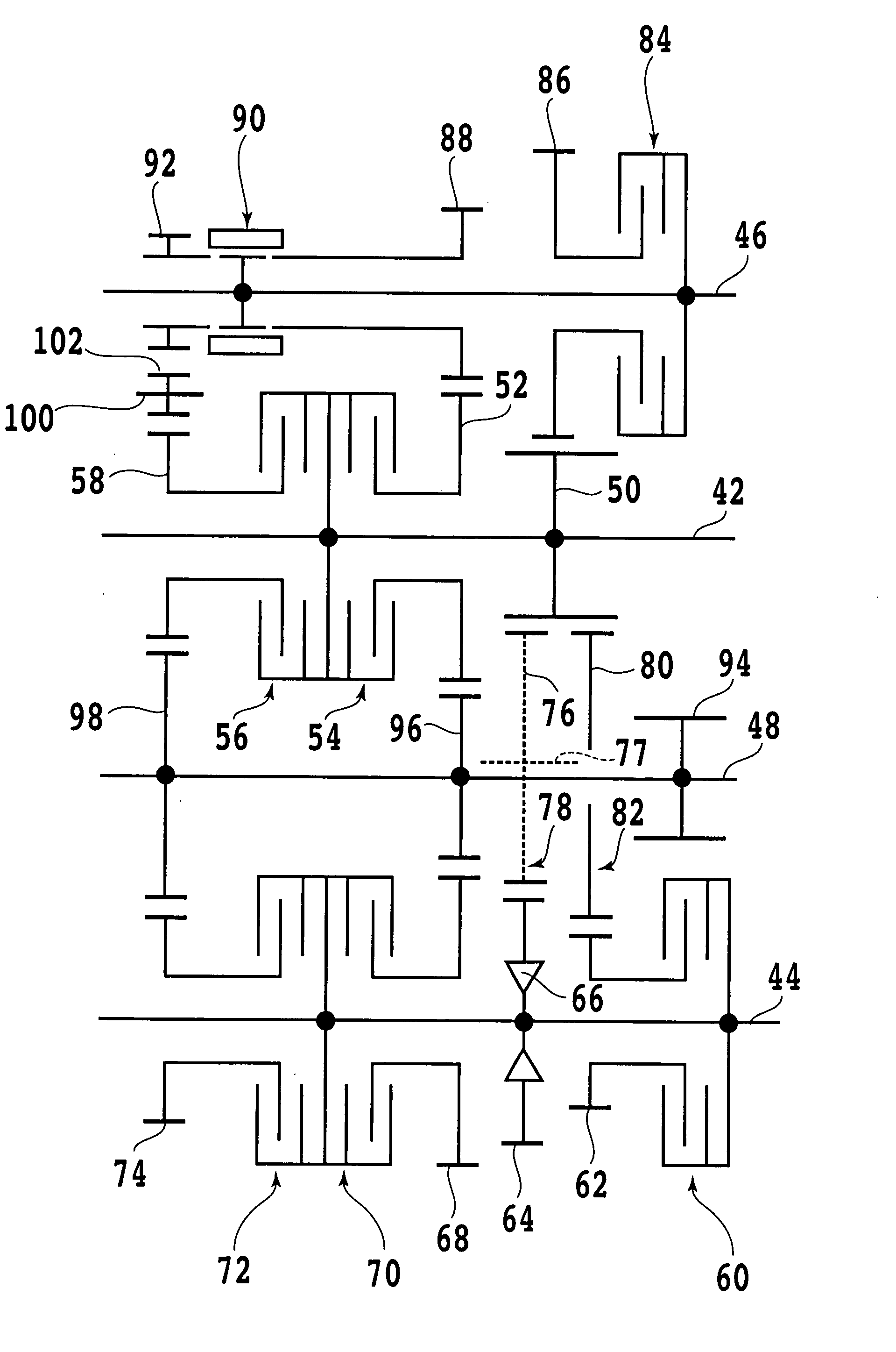 Parallel axes type transmission having a plurality of idle drive routes