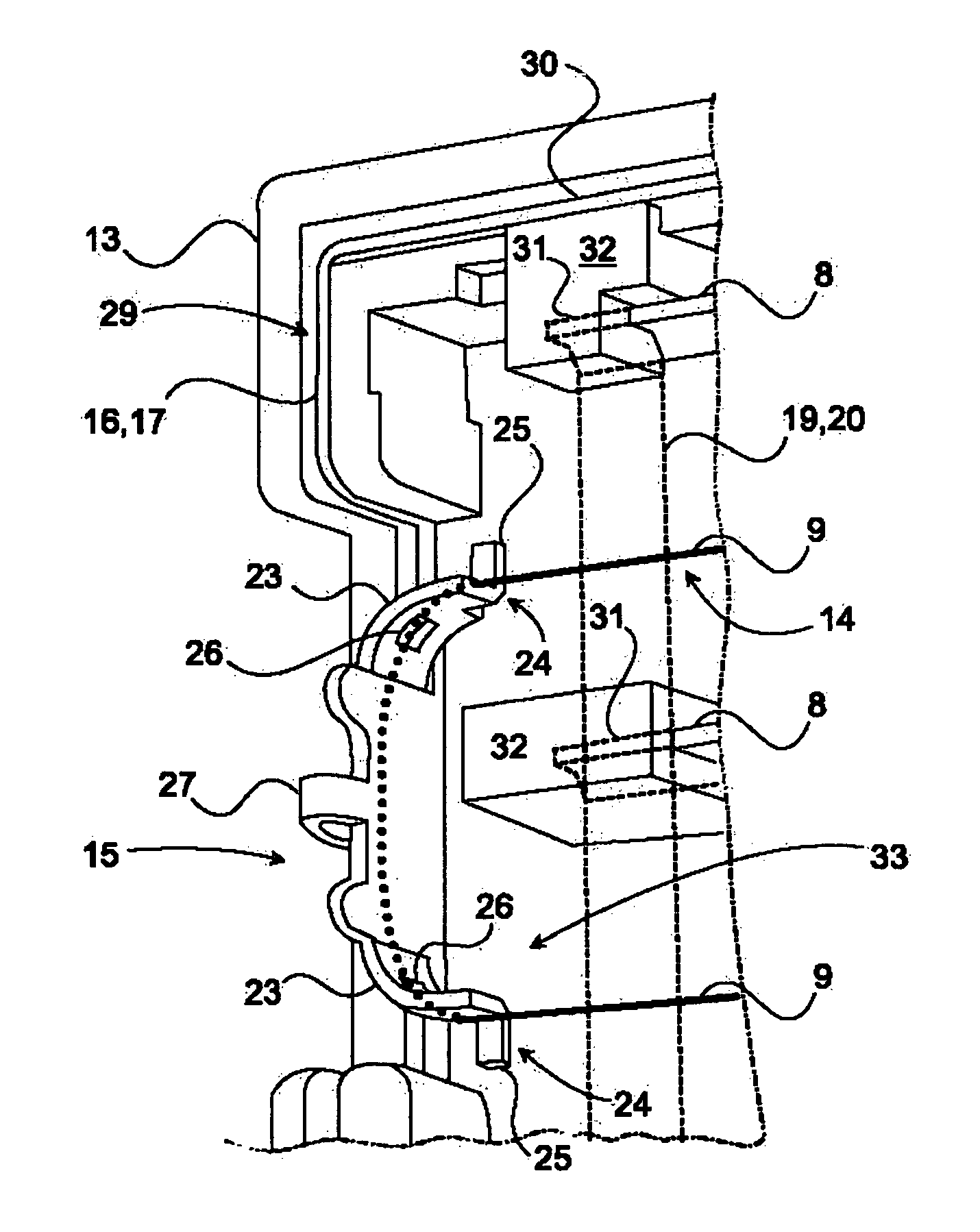 Device for ionizing particles carried in an airflow, for ventilation, heating, and/or air-conditioning system in particular