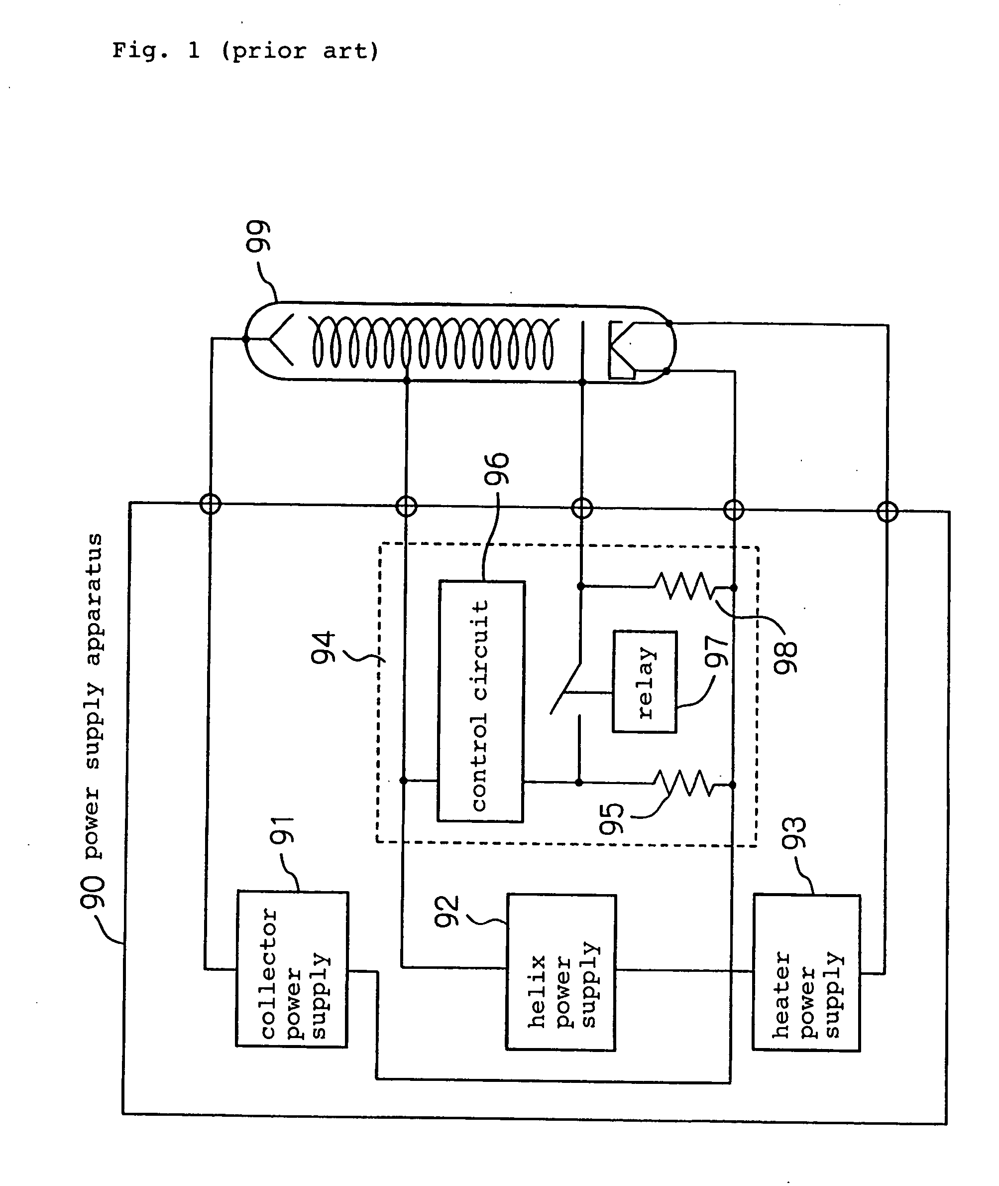 Power supply circuit for traveling-wave tube which eliminates large relay and relay driving power supply